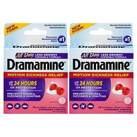 Dramamine All Day Less Drowsy Motion Sickness Relief, Raspberry Cream Flavor, 12 Chewable Tablets, Pack of 2
