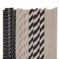 Black and Silver Paper Straw Mix - Black, Silver - Striped, Chevron, Polka Dot (50)