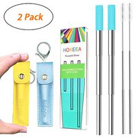 Hokeea 2 pack Portable Reusable Drinking Straws - Telescopic Stainless Steel Metal Straw with Leather Case & Keychain & Cleaning Brush & Silicon Tip(Yellow+Blue)