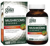 Gaia Herbs, Mushrooms + Herbs Cordyceps Plus, Energy Support, Organic Ashwagandha, Ginger Root, Cordyceps, Vegan Powder Capsules, 60 Count