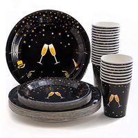 Black and Gold Party Supplies, Disposable Paper Plates, Cups, (Serves 24) 24 Dinner Plates, 24 Dessert Plates, 24 9 oz Paper Cups, Tableware Sets for Graduation, Birthday, Cocktail Party