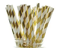 Gold Shiny Foil Straws (25 Pack) - Striped Christmas Straws, Tinsel Paper Straws for 50th Golden Anniversary, Holiday Party Supplies, Gold Wedding Decorations