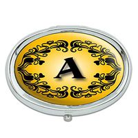 Elegant Letter A Initial Fancy Square Gold Black Metal Oval Pill Case Box