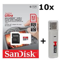 10 PACK - SanDisk Ultra 32GB UHS-I Class 10 MicroSDHC Memory Card Up to 80mb/s SDSQUNC-032G with adapter LOT OF 10 and USB 2.0 MemoryMarket dual slot MicroSD & SD Memory Card Reader