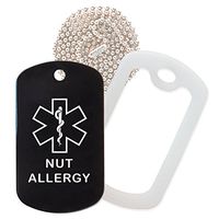 Nut Allergy Medical Alert ID Necklace with Black Tag, Clear Silencer, and 30'' USA Chain - 154 Color Choices