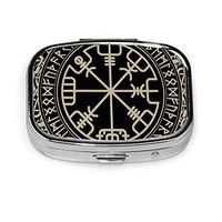 Viking Design Magical Runic Compass Vegvisir Printed Metal Pill Case Pill Organizer for Purse Pockets Rectangle Carry On Box 2 Compartments for Travel Gift