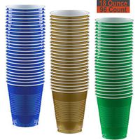 18 oz Party Cups, 96 Count - Royal Blue, Gold, Festive Green - 32 Each Color