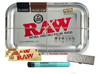 Raw “Metallic” Rolling Tray Small, RAW Organic King Size Slim (2 Packs), RAW King Size Stainless Steel Paper Case, with Hippie Butler XL KewlTube - 5 Item Bundle