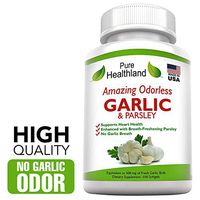 Amazing ODORLESS Garlic and Parsley Supplement Softgels for Men and Women. Equal to 500mg Fresh Garlic Bulbs. Best Garlic Pills. Allium Sativum Helps Lower Cholesterol and Blood Pressure Naturally.