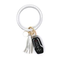 simpleGURU Bracelet Keychain with Tassel Leather Wristlet Keychain Bangle Key Ring Bracelet for Women and Girls (Silver)