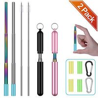Metal Straws - Reusable Collapsible Stainless Steel Drinking Travel Portable with Case 2-Pack Black/Rose Pink