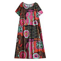 Franterd women Retro Ethnic Linen Cotton Dress Printed Dress Ethnic Print Dress