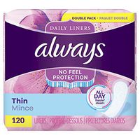 Always Thin Daily Liners, Regular Absorbency, 120 Count, Unscented, Wrapped