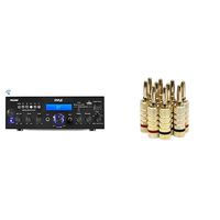 Pyle Bluetooth Stereo Amplifier Receiver with Wireless Streaming | FM Radio | MP3/USB/SD Readers | Remote Control | 200 Watt & Monoprice Gold Plated Speaker Banana Plugs - 5 Pairs - Closed Screw Type