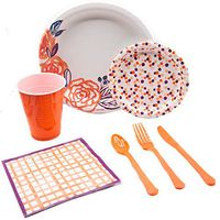 Pantone Living Coral Stripe Pack! Disposable Paper Plates, Napkins, Cutlery and Cups Set for 16