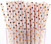 Pack of 150 Rose Gold Polka Dot Foil Biodegradable 4-Ply Paper Drinking Straws (Compostable, Non-toxic, BPA-free)