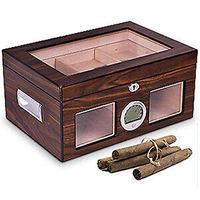 Collectible Desktop 50-100 Cigar Humidor Storage Lockable Classic Box Durable Stable Walnut MDF Wood Glass Top Humidifier Hygrometer with 2 Keys Solid Metal Hinges