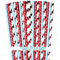 Alice in Wonderland Theme Paper Straws - Card Design Red Light Blue Dot - 7.75 Inches - 100 Pack