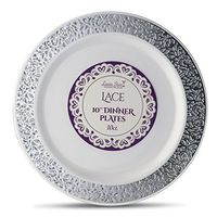 [20 Count - 10 Inch Plates] Laura Stein Designer Tableware Premium Heavyweight Plastic White Dinner Plates With Silver Border, Party & Wedding Plate, Lace Series, Disposable Dishes