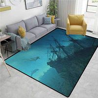 YucouHome Nautical Plants Door Mats Outside Funny, Dolphins Ruined Wreckage Underwater Sunken Ship Mystery Treasure, Fashionable High Class Living Bedroom Rugs(3'x 8') Slate Blue Pale Blue Teal