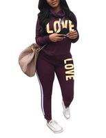 Women Casual Sport Cowl Neck Sweatshirt Long Skinny Pant Set Letter Print 2 Piece Tracksuit Purple S