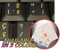 TURKISH Q KEYBOARD STICKERS WITH YELLOW LETTERING TRANSPARENT BACKGROUND