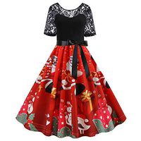 QIUUE 2020 Christmas Print Vintage Dress Lace Stitching Print Short Sleeve Dress Retro Flare Dress S~3XL Red