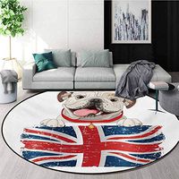 RUGSMAT English Bulldog Dining Room Home Bedroom Carpet Floor Mat,Happy Pet Bulldog Holding A Union Jack Flag of The Great Britain Non Slip Rug,Diameter-39 Inch Cream Navy Blue Red