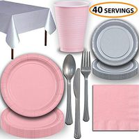 Disposable Party Supplies, Serves 40 - Light Pink and Silver - Large and Small Paper Plates, 12 oz Plastic Cups, Heavyweight Cutlery, Napkins, and Tablecloths. Full Two-Tone Tableware Set
