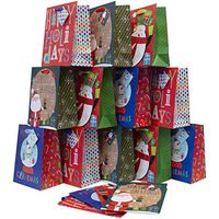 Christmas Gift Bags Kraft Paper in Assorted Colors Red, Green and Blue with Wide Ribbon Handles, Glitter and Tags for Gift Giving on Holiday and Party Favors (Medium)