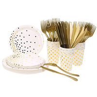 Blusea Gold Dot Party Supplies, Disposable Paper Plates Cups Forks & Knives, Tableware Dinnerware Set for Wedding Birthday Party Anniversary Graduation, Serves 24 Guests