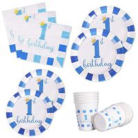 Boys First 1st Birthday Party Supplies Disposable Dinnerware Set Serves 24 Dinner Paper Plates Napkins Cups Decoration for Kids Boys, 120 PCS(For 1st Birthday Blue)