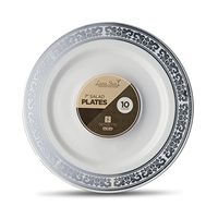 [10 Count - 7 Inch Plates] Laura Stein Designer Tableware Premium Heavyweight Plastic White Appetizer - Salad Plates With Silver Border, Party & Wedding Plate, Serviette Series, Disposable Dishes