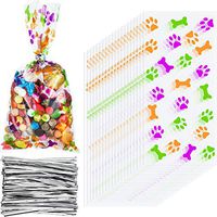 Maitys 100 Pieces Paw Bone Print Treat Bags Cellophane Clear Food Bags with 200 Pieces Twist Ties for Candies Chocolate Cookies Dessert Snacks (Colorful)