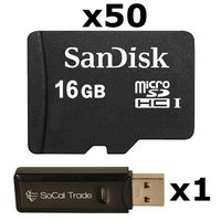 50 PACK - SanDisk 16GB MicroSD HC Memory Card SDSDQAB-016G (Bulk Packaging) LOT OF 50 with SoCal Trade USB 2.0 MicoSD & SD Memory Card Reader