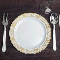 BalsaCircle 30 pcs 8-Inch White with Gold Lace Trim Plastic Round Plates - Disposable Wedding Party Catering Tableware