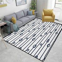 YucouHome Navy Print Door Mats for Inside, Ship Boat Sea Life Rope and Marine Nautical Knots as Border Lines Art Print, Fashionable High Class Living Dinning Room(3'x 5') Navy Blue and White