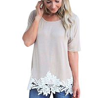 Theoylos Women's T-Shirts Lace Splice Short Sleeve Ladies O-Neck Casual T-Shirts Shirt Summer Loose Tops Beige