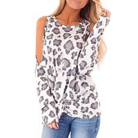 Womens Long Sleeve Blouse Clearance, Loose O-Neck Strappy Tie Knot Front Tunic Tops Casual Leopard Off Shoulder Tee Shirts (Gray, 2X-Large)