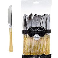 ELEGANI Black & Gold Geometric Premium Tableware for Holidays, Parties, Wedding, Annniversary, New Year; Classic Silver & Gold Premium Plastic Knives (2X Pack of 20ct Each)