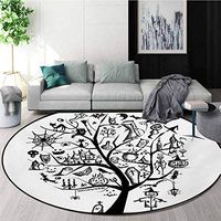 RUGSMAT Halloween Round Rugs for Bedroom,Sketchy Spooky Tree with Spooky Design Objects and Wicked Witch Broom Abstract Circle Rugs for Living Room,Round-51 Inch Black White