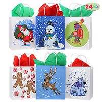 24 Christmas Kraft Paper Gift Bags with Handles Blue and White with Assorted Christmas Prints for Holiday Christmas Goody Bags, Xmas Gift Bags, School Classrooms and Party Favors
