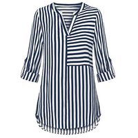 NEARTIME Women's Chiffon Blouse Fashion Striped Split V-Neck T-Shirts Long Sleeve Casual Shirt Long Tops