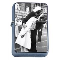 Silver Flip Top Oil Lighter Vintage Poster D-024 Kissing On VJ Day - Nurse Kissing Sailor
