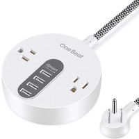 Small Travel USB Power Strip with 4 USB Ports 2 Power Outlet, Flat Plug and 5 ft Braided Extension Cord, Portable Power Surge Protector Power Strip for Home and Office, White