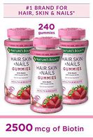 Hair Skin and Nails Vitamins with Biotin and Vitamin C by Nature's Bounty Optimal Solutions, Hair Skin and Nails Gummies - Strawberry Flavored, 80 Gummies (3-pack)