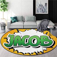 RUGSMAT Jacob Modern Machine Washable Round Bath Mat,Personal Male Name in Green Shades On Comic Explosion Burst Effect Non-Slip Soft Floor Mat Home Decor,Round-47 Inch Marigold Green and White
