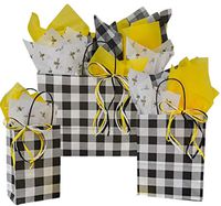 Gift Bags, 3 - Assorted Sizes, Bundled with Coordinating Tissue Paper and Raffia Ribbon (Checks and Bees)