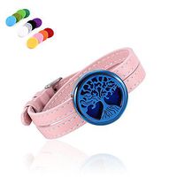 constantlife Tree of Life Stainless Steel Fragrance Jewelry Adjustable Genuine Leather Band Bracelet Essential Oil Diffuser with 12 Pads (Pink and Blue)