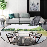 Travel Machine Washable Round Bath Mat,Wooden Seem Terrace On The Riverside Romantic Calming In Woods Image Print Non-Slip No-Shedding Bedroom Soft Floor Mat,Round-63 Inch Dark Brown And Green